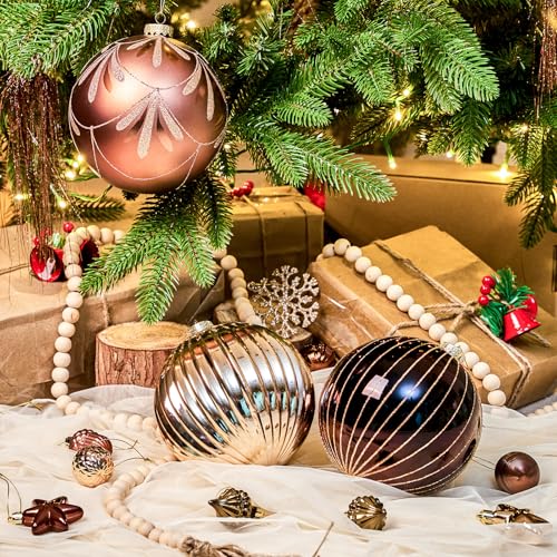 Large Christmas Ornaments Set - 6 Inch Shatterproof Plastic Holiday Bulbs - Brown - 4 Pack