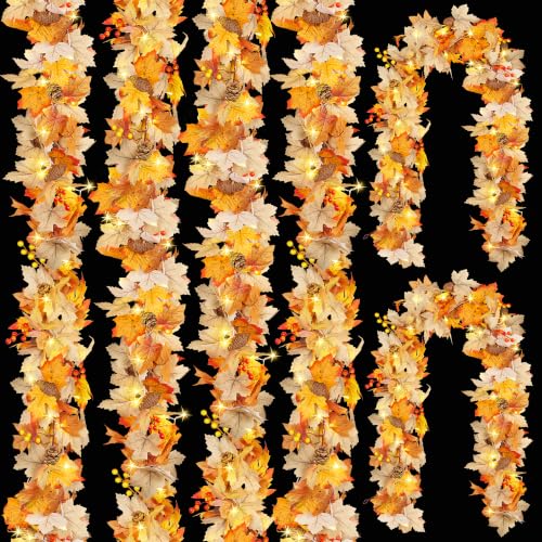 6 Pack Fall Leaf Garland with Lights - 35.4Ft Autumn Maple String Lights for Thanksgiving Halloween