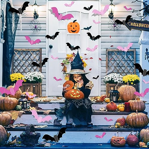Pink Halloween Bat Wall Decals - 48pcs Indoor Outdoor Decor for Party & Home