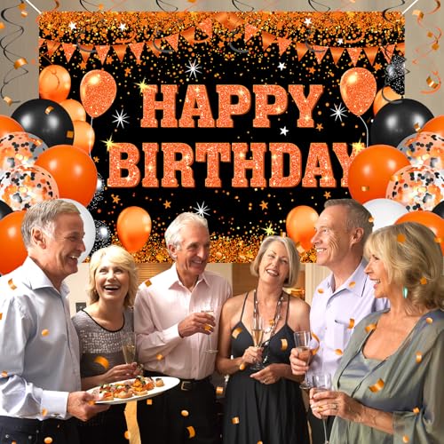 Orange and Black Birthday Party Decorations Set with Banner Balloons & Swirls