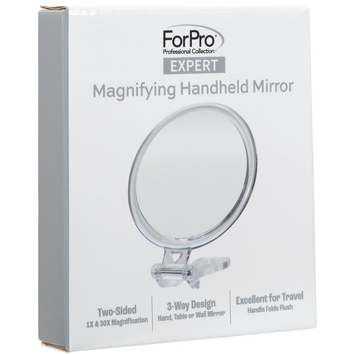 ForPro Professional Collection Expert 30X Magnifying Handheld Mirror, Double-Sided Hand Mirror with Folding Adjustable Handle for Makeup, Travel, Clear
