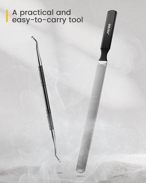 BEZOX Long Metal Nail File, Stainless Steel Fingernail File for Thick and Fungal Nails with Dual-Ended Toenail Lifter – The Ultimate Manicure & Pedicure Tool for Men and Women’s Nail Care - Black