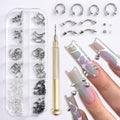 3D Punk Alloy Nail Art Dangle Charms with Piercing Tool Hand Drill, Silver Cone Spike Studs Hanging Rings Metallic Nail Jewelry Rivets Pierced Art Supplies for Tips, Acrylic, Gels Decorations