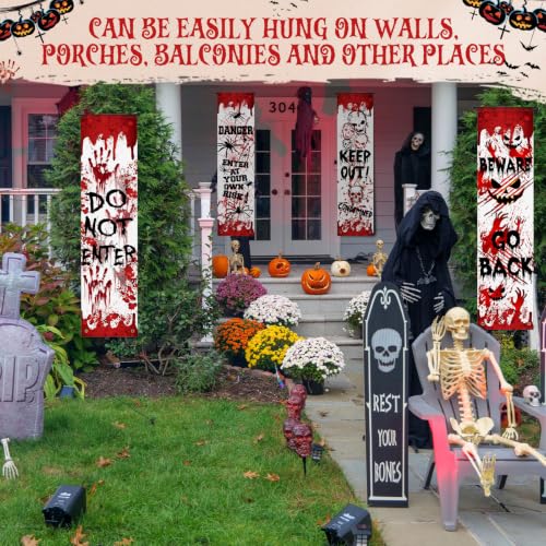 Halloween Horror Warning Banner - Red Warning Signs for Party Decor