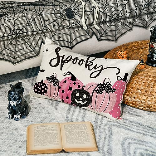 Halloween Spooky Pumpkin Throw Pillow Cover - Pink, 12 x 20 Inch Sofa Cushion Case