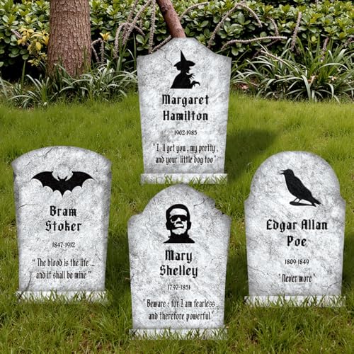 Grey Classic Haunted Tombstones Set - 4 Large Halloween Graveyard Yard Signs with Stakes