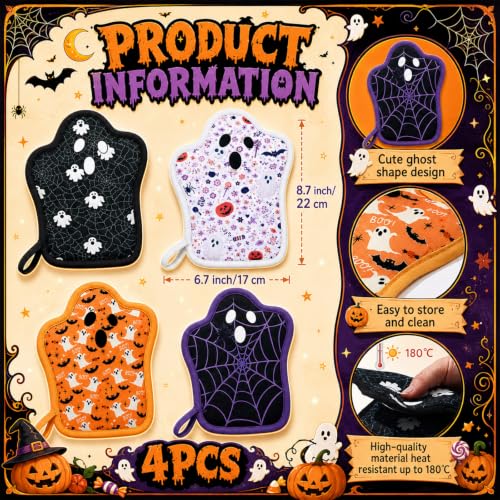 Halloween Ghost Pot Holders Set for Kitchen - Cute Oven Hot Pads, 4-Pack