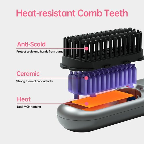 Skiennix Cordless Hair Straightener Brush - Portable Comb with 9600mAh Battery, Plasma Tech, 9 Temp Settings | Grey