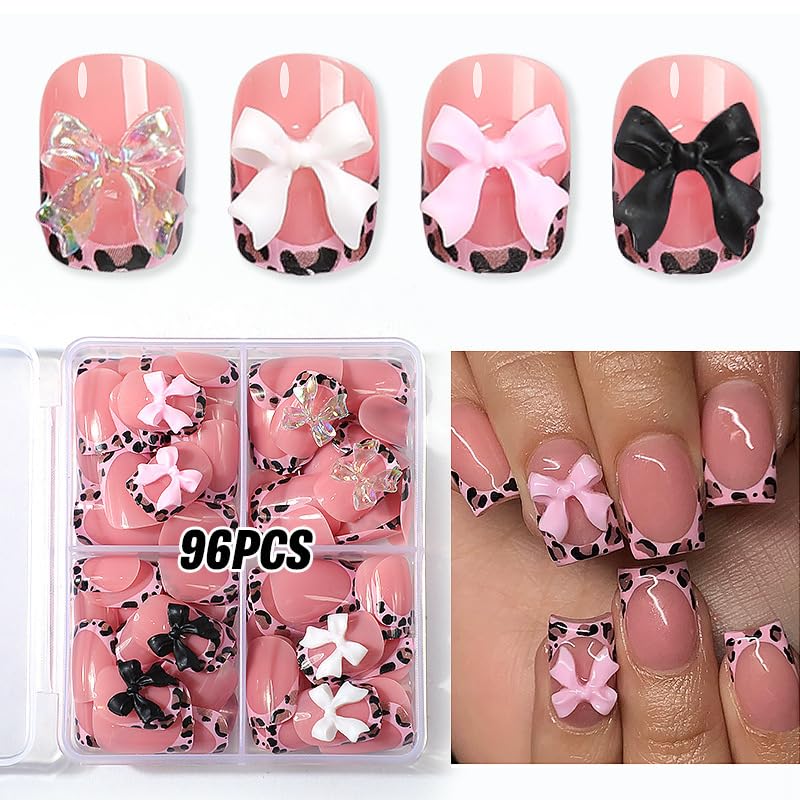 Medium Style Short Square Leopard Fake Nails Set with Bow Charms - Pink