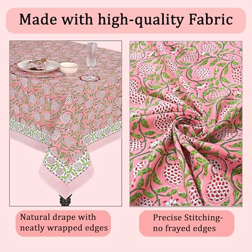 Ridhi Pink Hand Block Print Cotton Tablecloth - 90 x 60 Inch, Rectangular