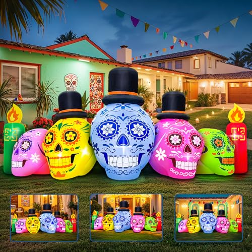 7FT Halloween Inflatable Skeleton Decor with LEDs - Dia de Los Muertos Skull - Outdoor Yard & Garden
