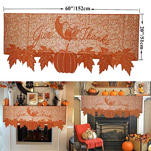 Thanksgiving Fireplace Scarf 20x60 Inch Pumpkin & Leaf Lace Table Runner - Fall Decor