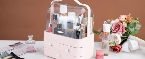 Nervure Pink Makeup Organizer - Cosmetic Storage Box with Lid - Makeup Organizer Storage Drawersr with Dust Free Cover and Portable Handle for Bathroom Countertop & Dresser & Gift