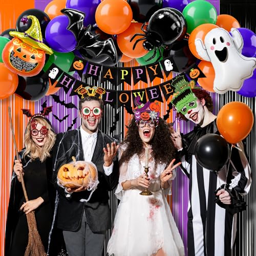 Halloween Party Decoration Kit with 129 Pieces - Balloons, Foil Curtains, Photo Props, Headbands & Glasses