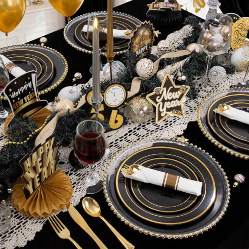 Black and Gold Disposable Dinnerware Set for 25 Guests - Plates, Cups, Silverware, Napkins - Variation of THIS listing