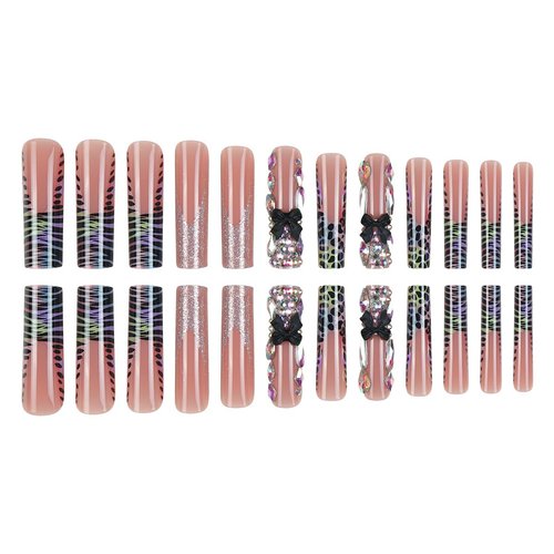 24Pcs Extra Long Press on Nails Square Shape Fake Nails Colorful Leopard French False Nail Tips Long Glossy Acrylic Nails Full Cover Rhinestones and Gems Glue on Nails Bow Nails for Women and Girls