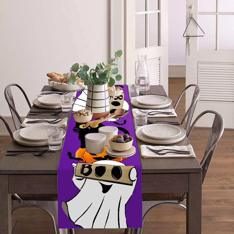 Halloween Table Runner 13x72 Inch Black Cat Boo Pumpkin Decor