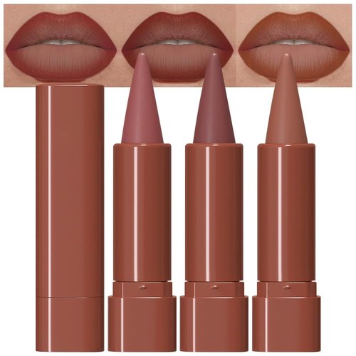 **Evpct 3Pcs Matte Lipstick & Lip Liner Set - Long Lasting Waterproof Ombre Effect in Red, Reddish Nude & Brown**