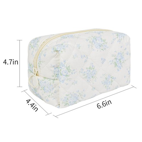 Quilted Makeup Bag Floral Cotton Make up Bag Puffy Coquette Makeup pouch Aesthetic Cute Travel Toiletry Bag for Women Girls