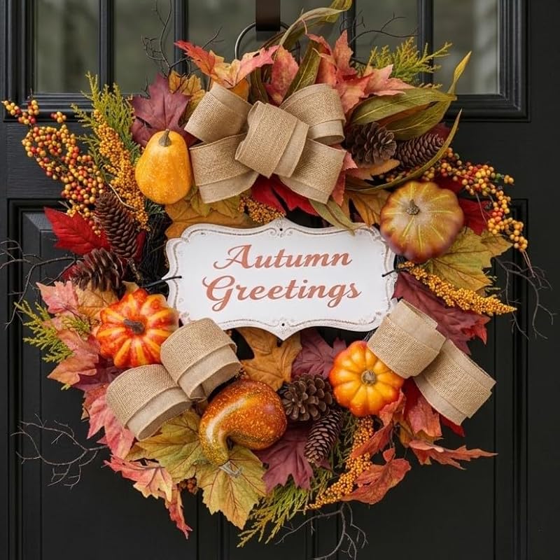 24-Inch Collapsible Pre-Lit Fall Pumpkin Wreath for Front Door