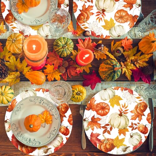 Pumpkin Maple Leaves Fall Placemats 50PCS Autumn Harvest Disposable Round Table Mats for Thanksgiving & Halloween - Pumpkin Leaves Variation