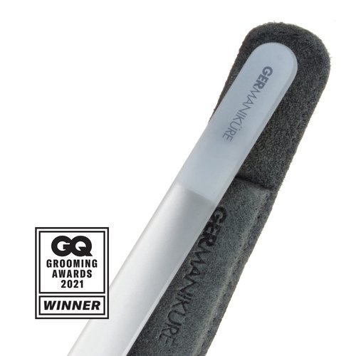 GERMANIKURE Black Crystal Glass Nail File Set in Black Leather Case – Handmade in Czech Republic – Professional Manicure & Pedicure Supplies – Glass Cuticle Stick, Pusher, Moon File