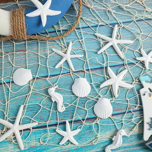 Nautical Fishnet Decor Set with Starfish, Shells, Seahorses - Ocean Theme Wall Art