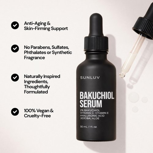 SUNLUV Bakuchiol Serum for Face - 2% Retinol Alternative with Hyaluronic Acid & Vitamin C | Anti-Aging Hydration for Sensitive Skin - 1 oz