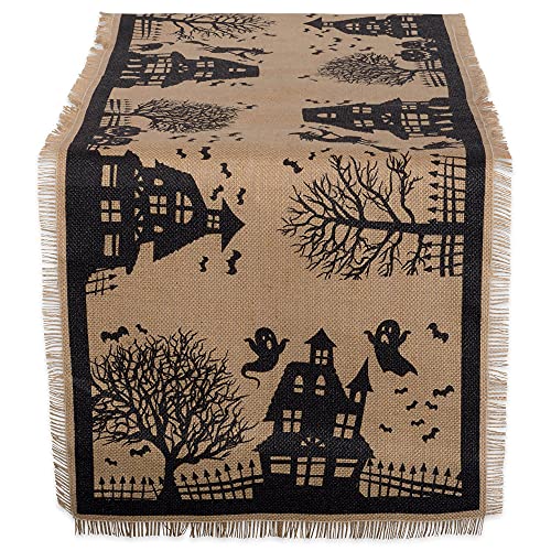 Halloween Primitive Burlap Table Runner - Spooky Haunted House Decor 14x113 - Black & Tan