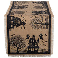 Halloween Primitive Burlap Table Runner - Spooky Haunted House Decor 14x113 - Black & Tan