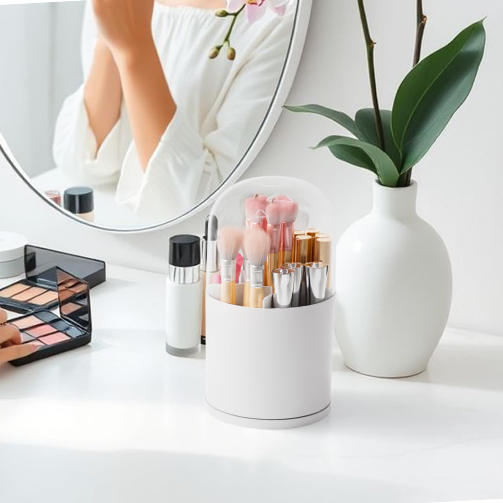 Yieach Rotating Acrylic Makeup Brush Holder with Lid for Vanity,Bathroom,Countertop,Covered Makeup Brushes Organizer,Round Spinning Cosmetic Brushes Holder and Make up Brush Storage with Cover,White