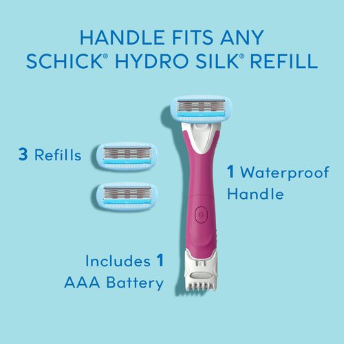 Schick Hydro Silk TrimStyle Razor with Bikini Trimmer for Women | 2-in-1 Bikini Razor for Women and Womens Trimmer for Pubic Hair, Includes 1 Waterproof Handle, 3 Refills & 1 AAA Battery