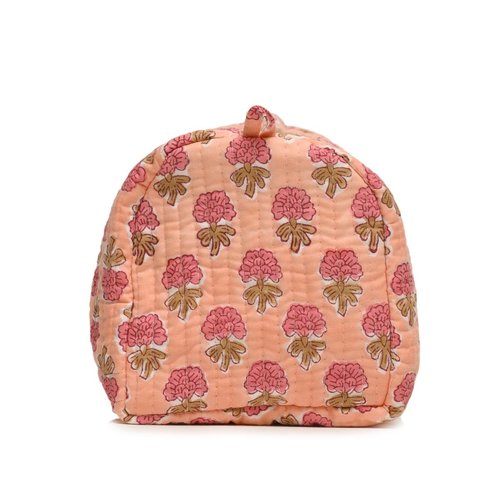 Cotton Hand Block Floral Print Toiletry Bag For Women Make Up Cosmetic Bag Jewelry Organizer Kit Storage Bag Case Travel Accessories Essentials Toiletries Purse Open Pouch, Orange (9.25"x 6.88"x 4.5")