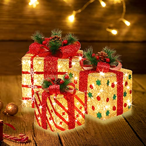 Large 9.5x8x6.5 Inch Lighted Christmas Gift Boxes Set of 3 with 70 LED Flashers