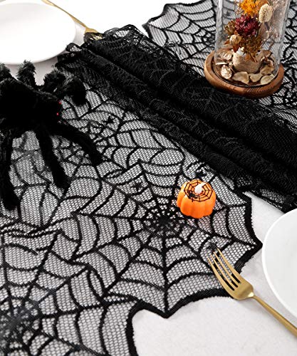 Black Lace Spider Web Halloween Table Runner Set - 10 Pack, 18x72 Inches