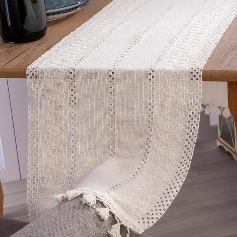 Cream Macrame Style Cotton Table Runner - Rustic 60 Inch Dining Decor - Handmade Farmhouse Look