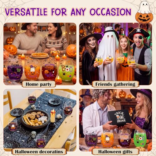 Halloween Stemless Wine Glasses Set - 4 Pieces, 17 oz Halloween Gifts for Women
