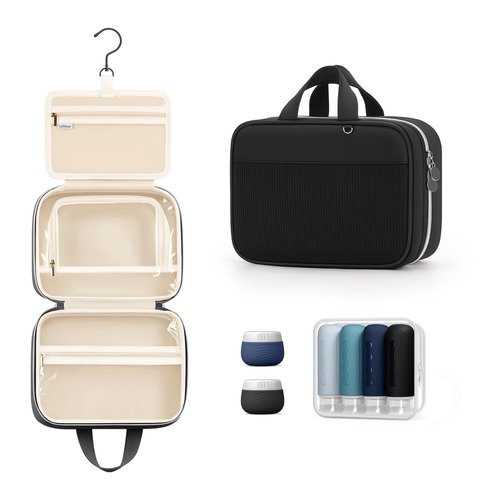 Lotour Travel Toiletry Bag for Women with Travel Size Silicone Containers Set, Hanging Toiletry Bag for toiletries, Cosmetic Bag Travel Organizer (Black)