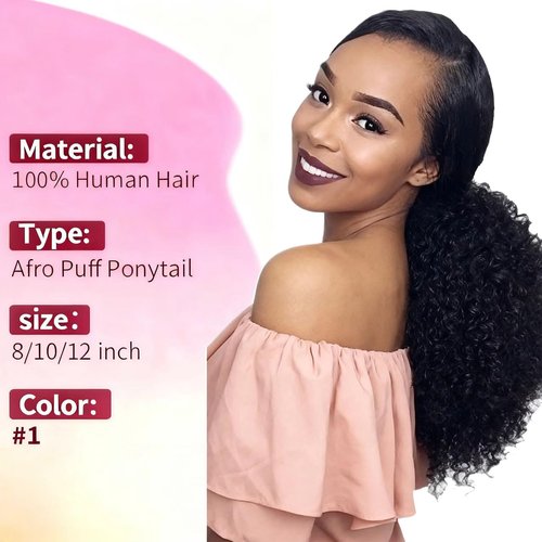 VADES Black Ponytail Extension Human Hair Drawstring Ponytail for Black Women Kinky Curly Short Afro Puff Hair Ponytail 100% Brazilian Virgin Hair #1 Jet Black 8 inch With 3 Stable Combs