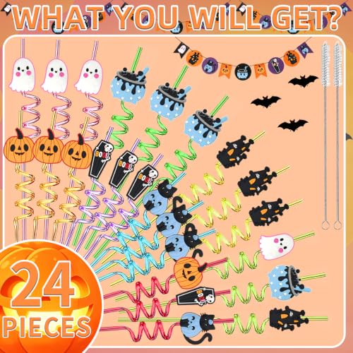 Reusable Halloween Party Straws with Spooky Charms - 24 Pack
