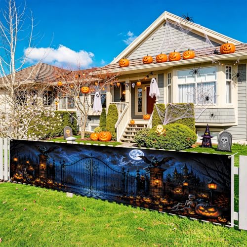 Halloween Fence Banner Large Waterproof Outdoor Decor with Gothic Gate & Haunted Castle - Variation 277-1