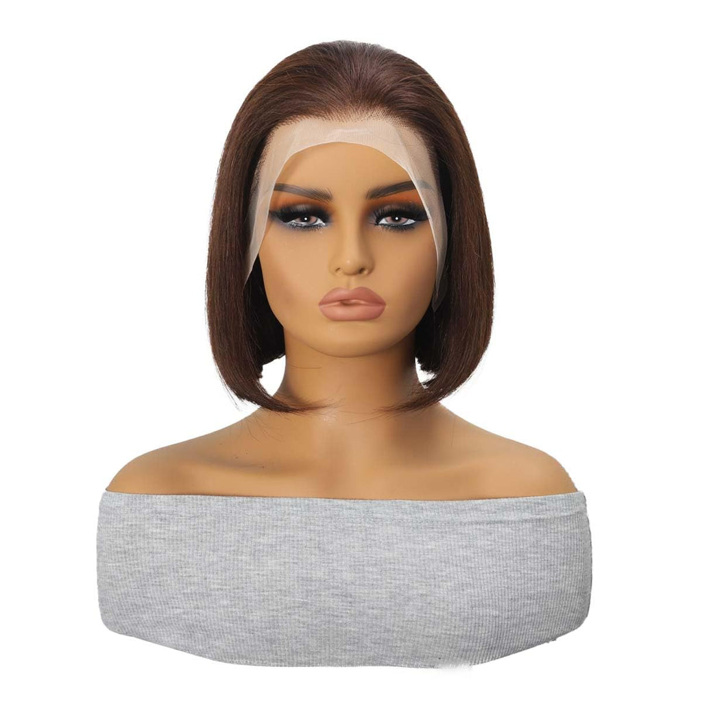 YOUFA Mocha Brown Lace Front Human Hair Wigs Pre Plucked 13x4 Transparent Swiss Lace Frontal Short Bob Wigs Blunt Cut Bob Style Bone Straight Human Hair Wigs (Chocolate Brown, 8 inch)