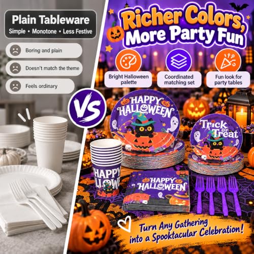 Halloween Party Supplies Set - Purple Pumpkin, 125 Pieces for 25 Guests - Includes Plates, Napkins, Cups & Cutlery