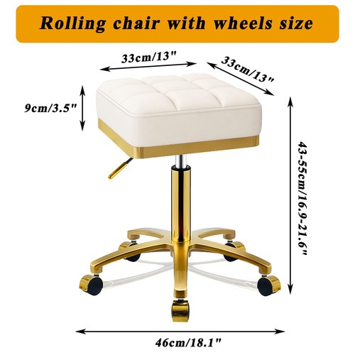 CQAEBK Square Rolling Stool Gold Adjustable Swivel Stools with Wheels, Vanity Lash Nail Salon Spa Roller Chair, Esthetician Massage Office Pedicure Stool, Heavy Duty Gold Plated Frame (White)