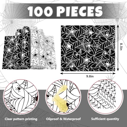 Halloween Wax Paper Wraps - Black & White Spider Web Design, 100 Pack, 9.8x8.3 inches, Waterproof & Oil-Proof Food Liners, Party Decor