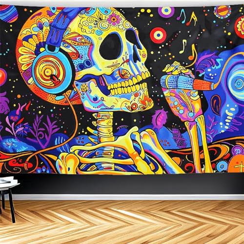 Blacklight Skull Tapestry - Space Skull Music Notes Fluorescent Wall Hanging - 90x60 Inch - Skeleton Variation 11