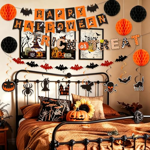 Halloween Party Decorations Set with Banner, Garland & Ornaments - Indoor Use
