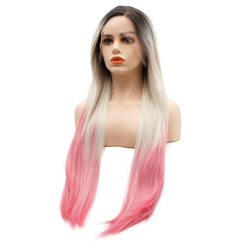 LUSHY BEAUTY Hair Synthetic Lace Front Wig Straight Super Long 28inch Dark Root Light Blonde Pink Ombre Heavy Density Heat Resistant Realistic Wig