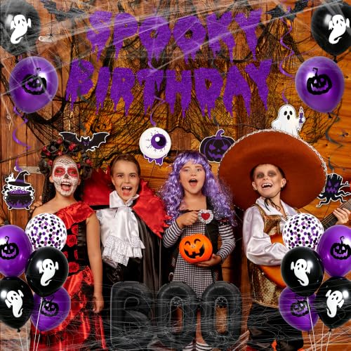 Halloween Birthday Decorations Set with Balloons, Banner & Spooky Props