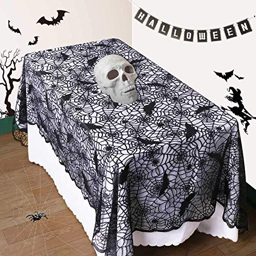 Halloween Bat Spider Web Tablecloth - 60x104 Inch Black Lace Decor with Bat & Cobweb Design - Spooky Party Table Cover